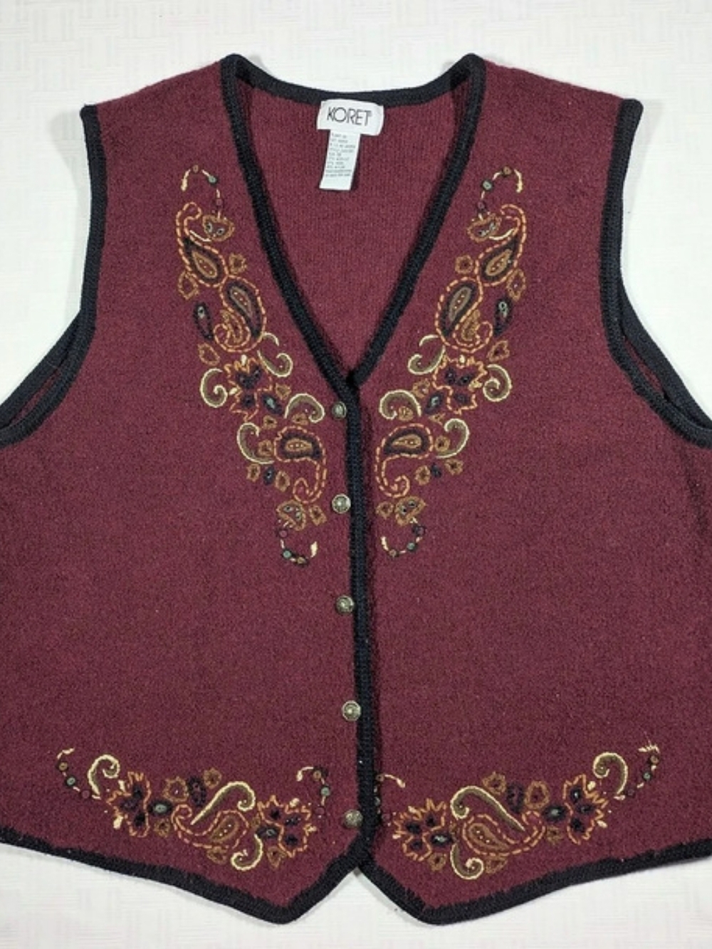 Cottagecore Wool Blend Vest Burgundy Embroidered Paisley Koret Button Front